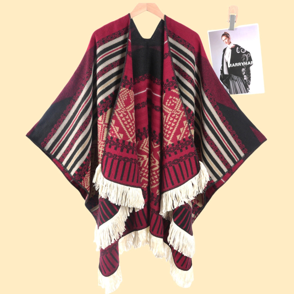 Sciarpa da viaggio da donna in stile vintage con frange, mantello esterno, cappa