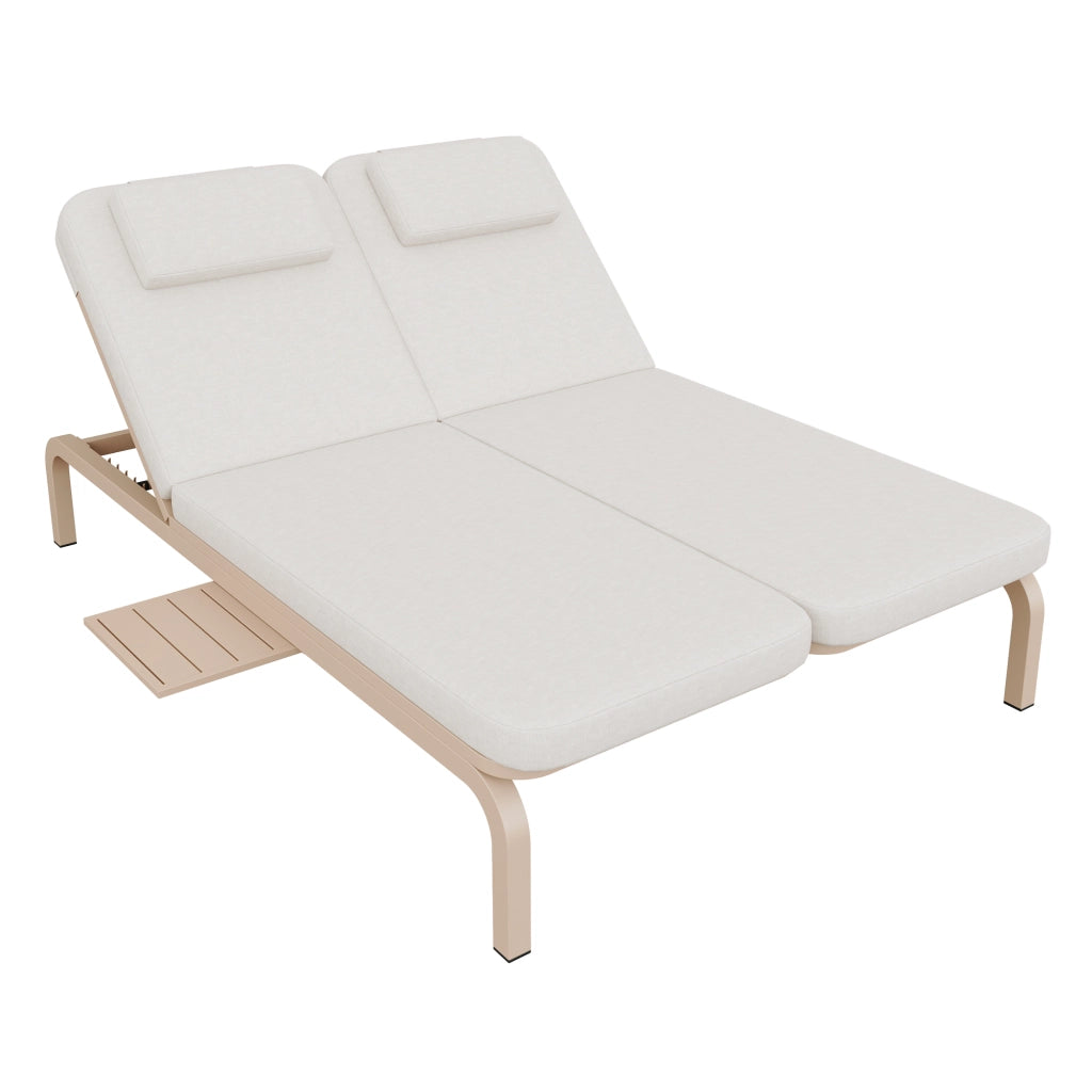 Sdraio da giardino, lettino doppio, schienale regolabile, con tavolino estraibile, poggiatesta, beige
