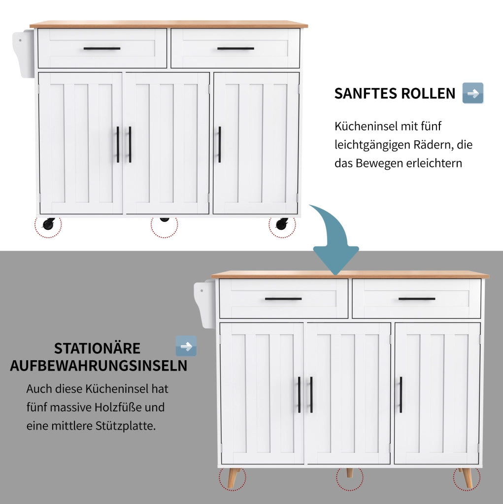 Carrello da cucina con piano pieghevole e ruote, bianco