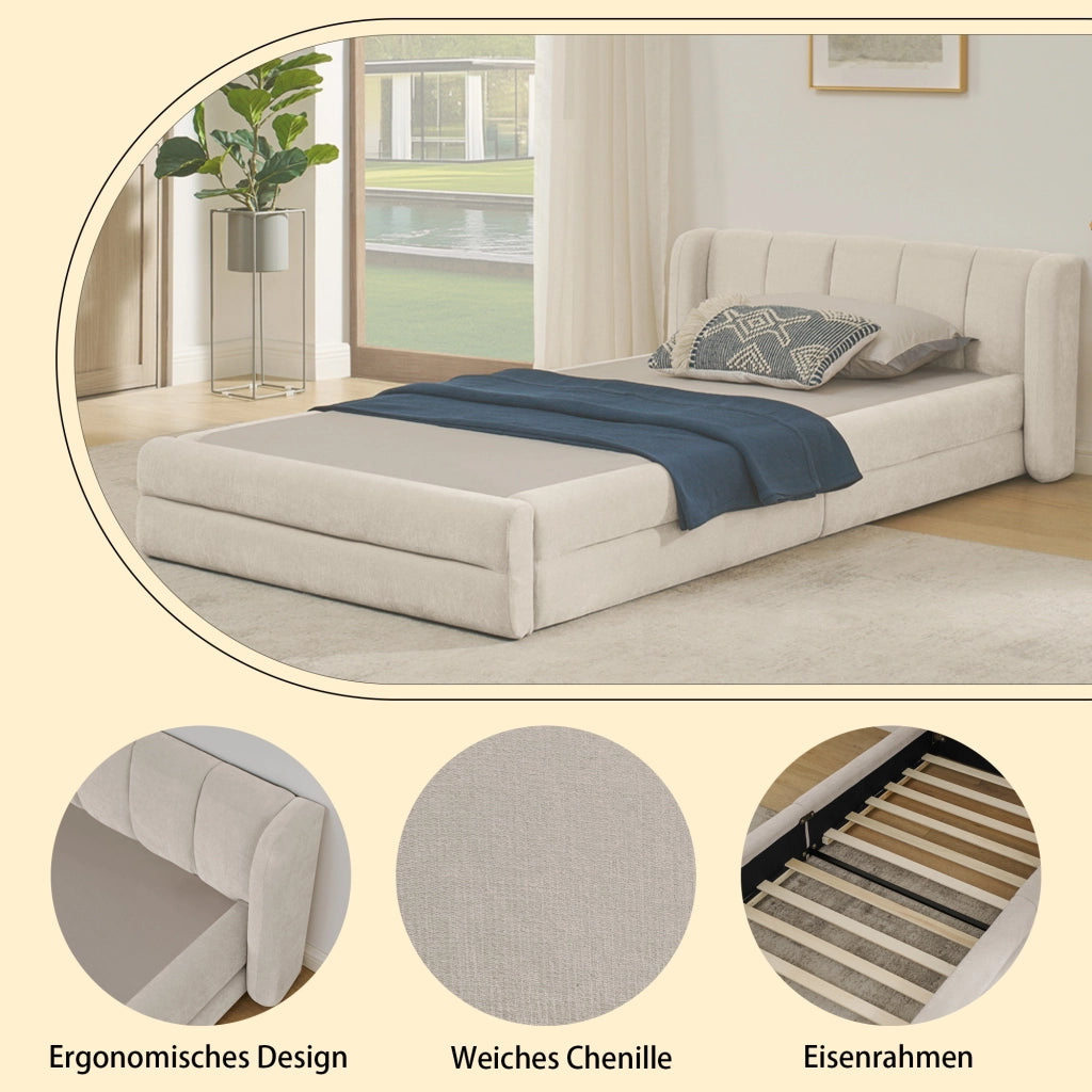 Letto Singolo 90x200 cm; con Schienale Imbottito e Struttura Rinforzata; Beige