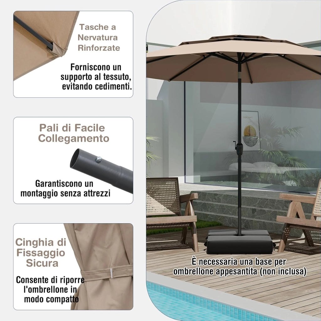 Ombrellone da Giardino 300 cm, Ombrellone Esterno con Inclinazione Regolabile, Ombrellone a 3 Livelli con Manovella 8 Stecche, per Giardino Piscina Cortile (Marrone)