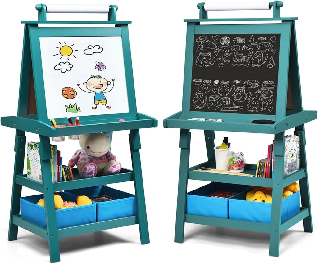 3 in 1 Cavalletto per Bambini con Doppia Faccia, Cavalletto per Disegno con 2 Vassoi e 2 Scatole, Lavagna Bambini in Legno (Blu)