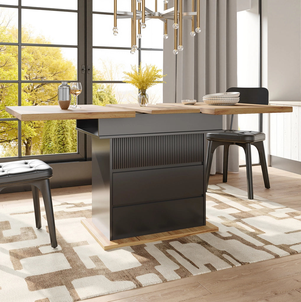 Tavolo da pranzo allungabile 110-140x80x75 cm con vano contenitore; MDF nero e naturale