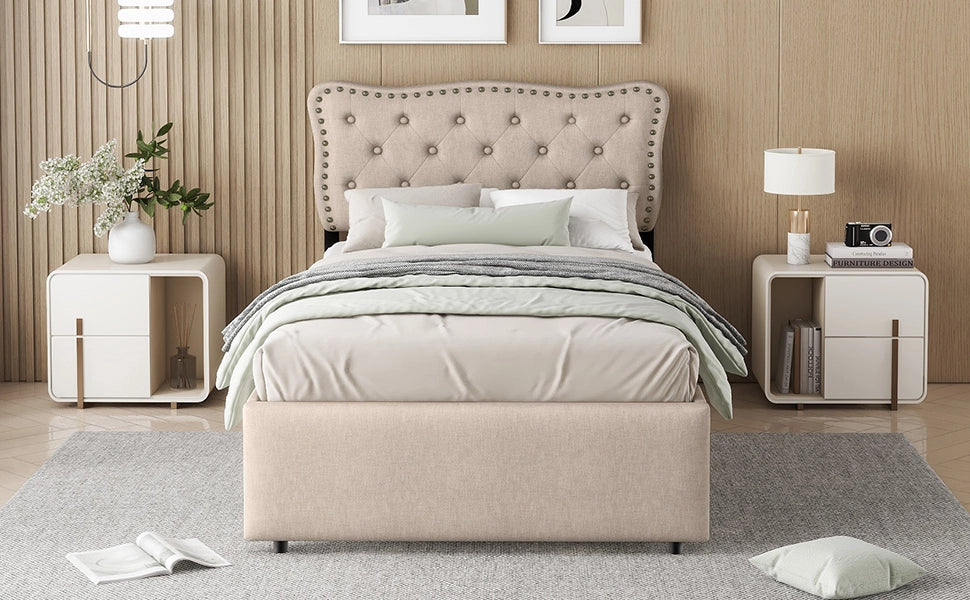 DESMIU Letto singolo 90 × 200 cm con 2 cassetti, testiera regolabile, senza materasso, in MDF e lino, beige