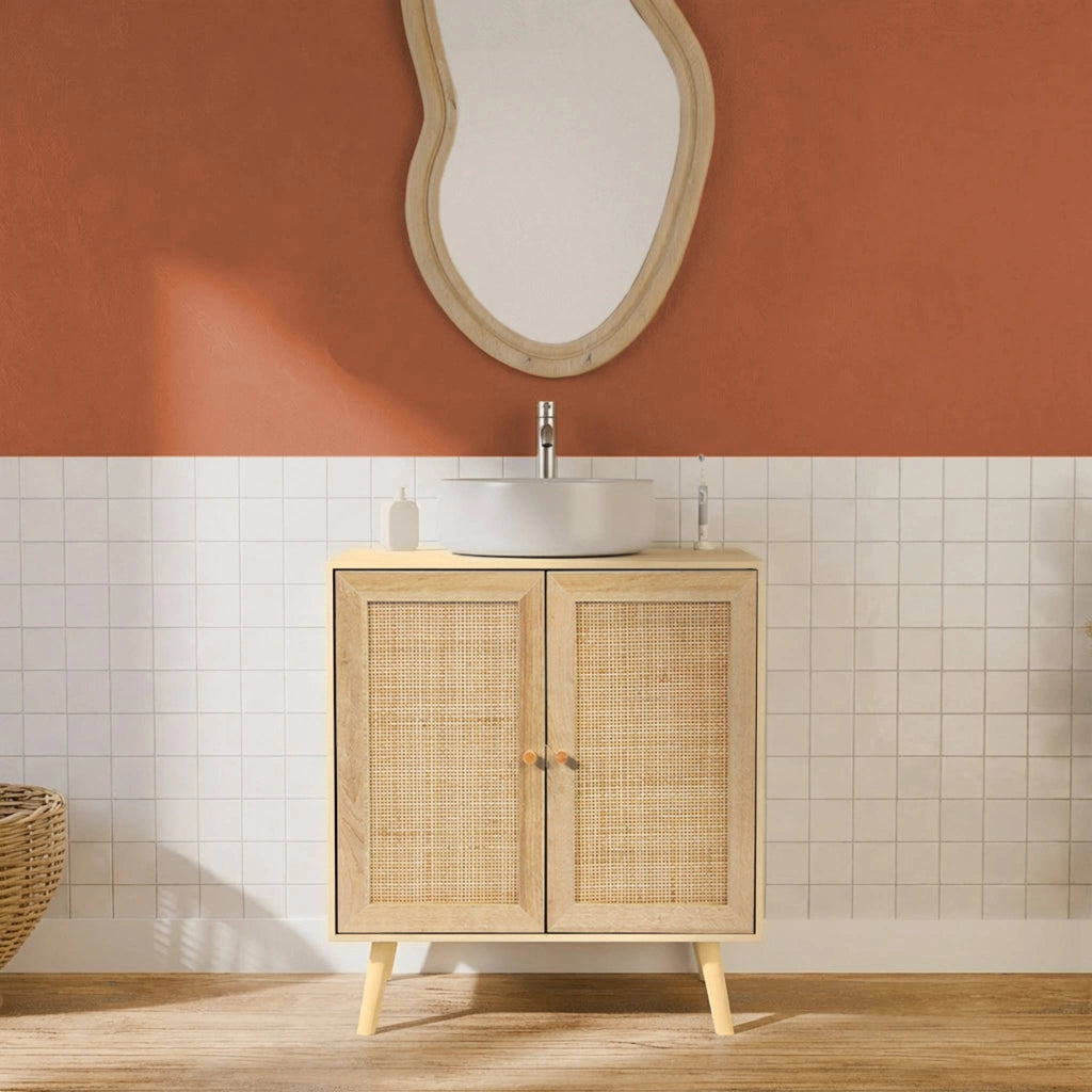 Mobile sotto lavabo decorato in legno e vimini, marrone naturale