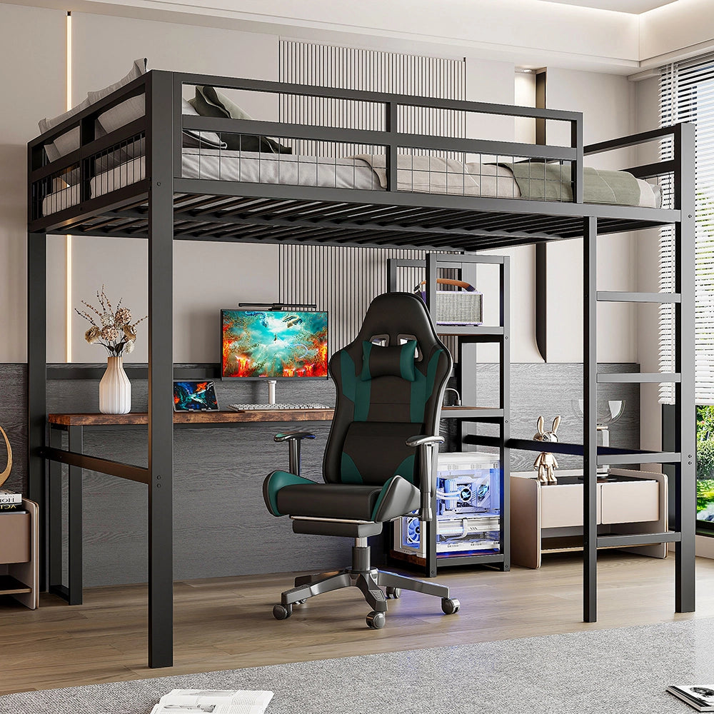 Letto mezzanino 140x200cm - Xylo - nero, scrivania USB-C, ripiani LED