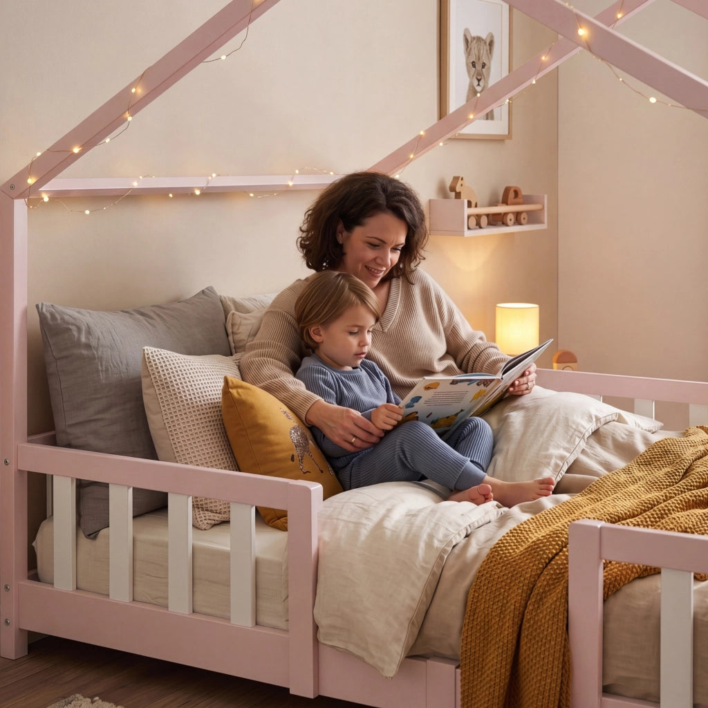 Letto per Cameretta Treviolo a Forma di Casetta in Stile Montessori 120x200 cm Rosa/Bianco [en.casa]