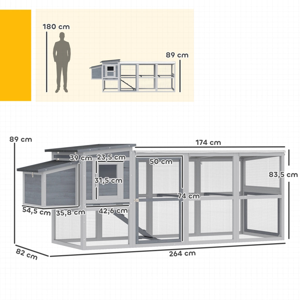 Pollaiolo per 4 Galline con Nido e Tettoia ¨C zephmum ¨C Grigio 264x82x89cm