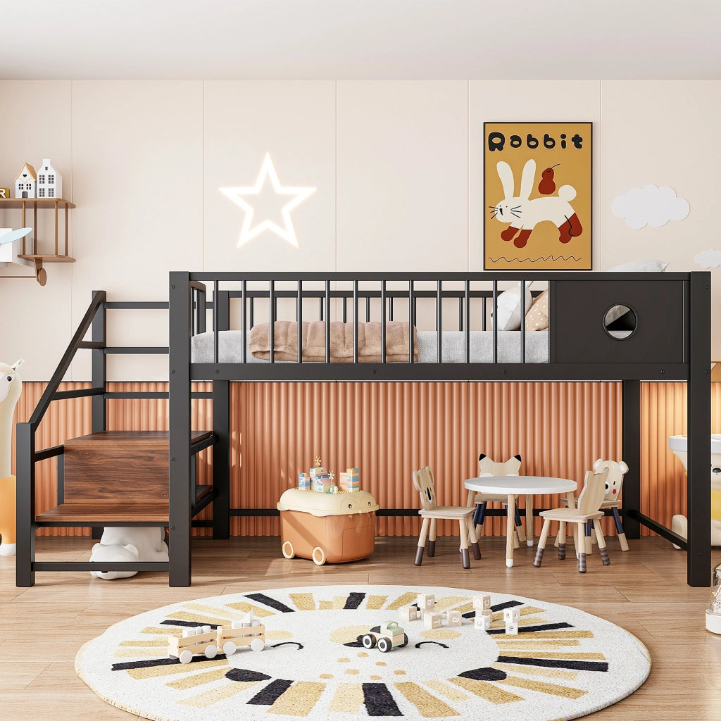 Letto a soppalco basso per bambini 90 × 200 cm con scala contenitore, struttura in metallo, senza materasso, nero