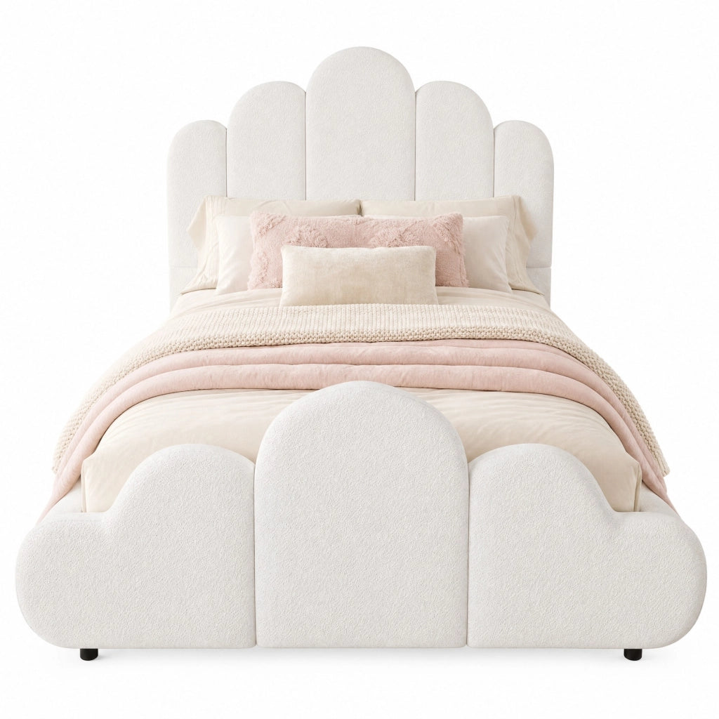 Letto singolo 90x200 cm in bouclé beige, con testiera imbottita, angoli arrotondati e rete inclusa