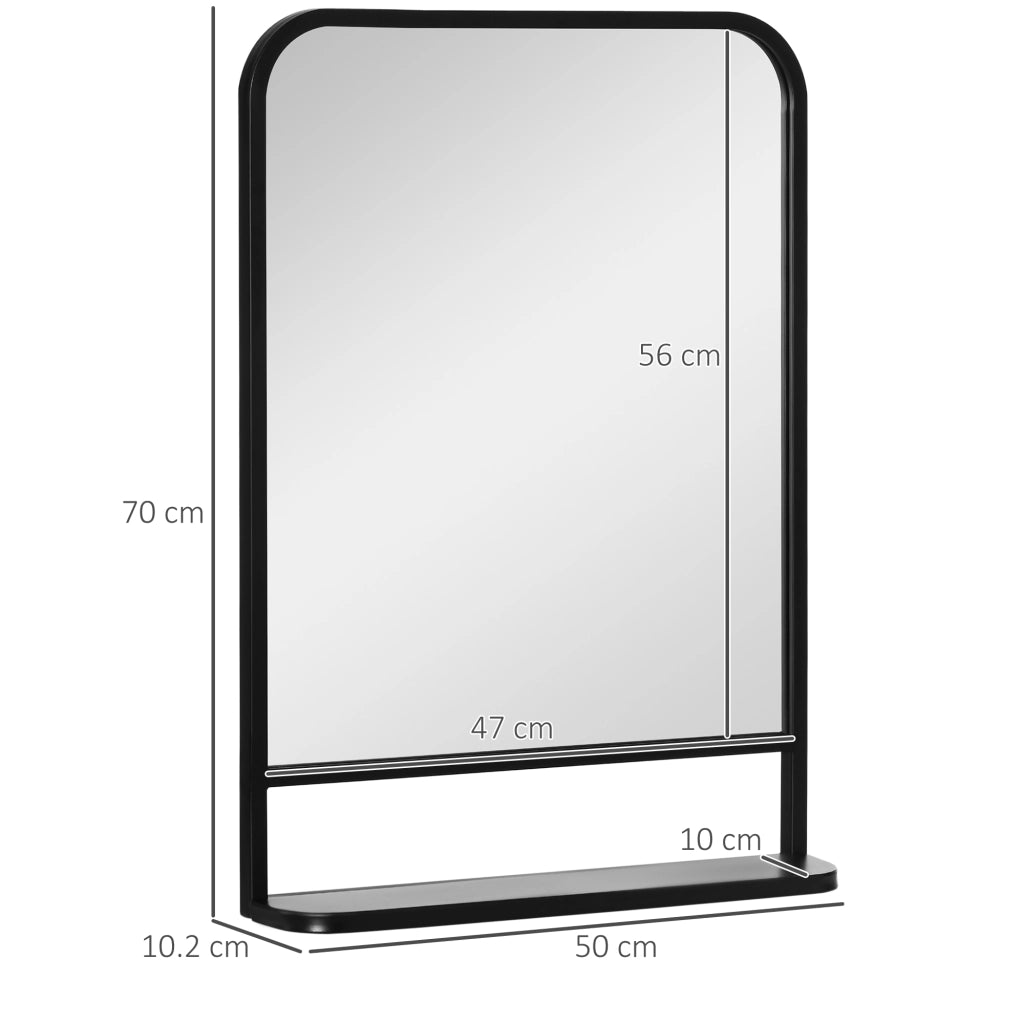 Specchio da parete con mensola 70x50cm, moderno, elegante, rettangolare, nero, per soggiorno e corridoio.