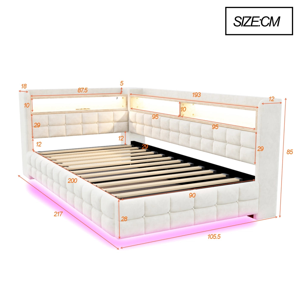Letto singolo 90×200 cm con contenitore idraulico; ripiani; LED; USB e Type-C; senza materasso; velluto; beige