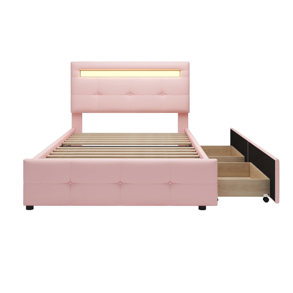 Letto singolo imbottito 90x200 cm con LED e 2 cassetti rosa