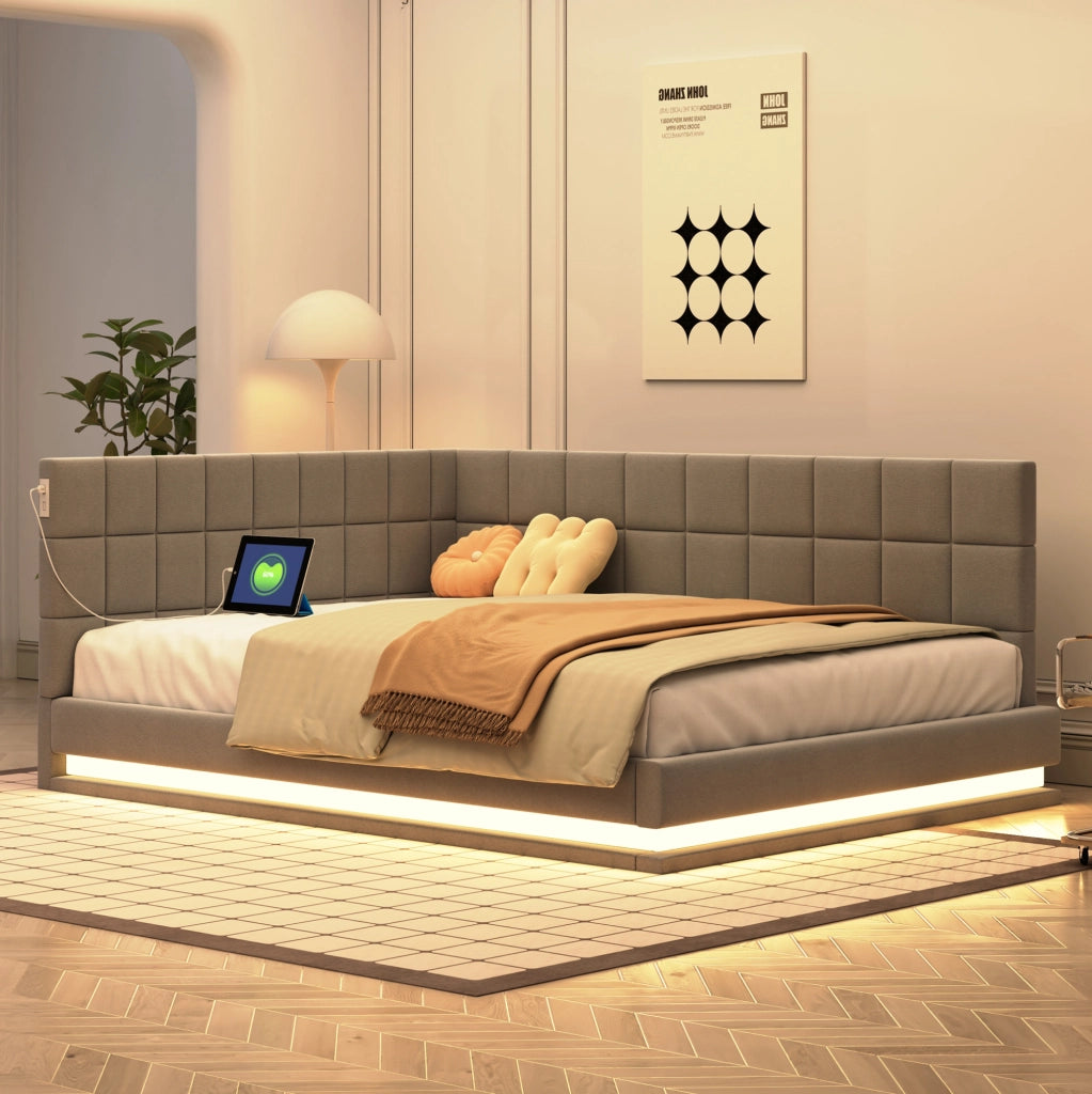 Divano letto 140x200 cm con LED e USB; lino grigio (Senza materasso)
