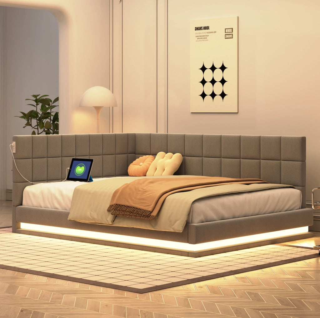 Divano letto 140x200 cm con LED e USB; lino grigio (Senza materasso)