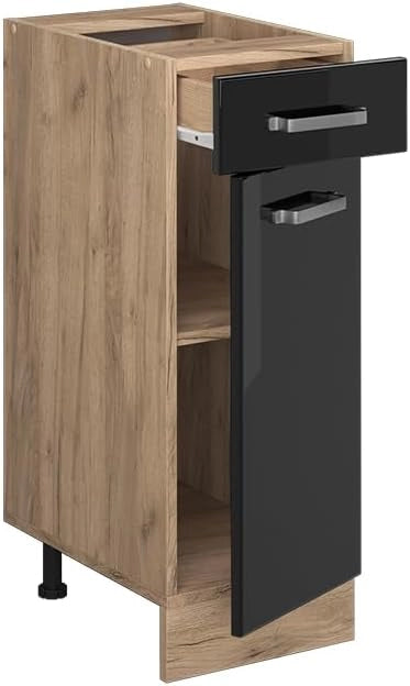 Mobiletto base per cucina R-Line, Nero lucido, 30 cm senza piano di lavoro, per la libera combinazione all'interno di sistemi cucina modulari