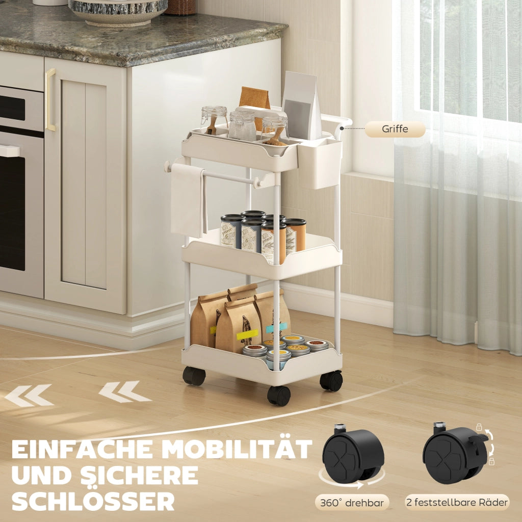 Carrello con 3 Cestini, Porta Asciugamani e Ruote ¨C Zephmum ¨C Bianco, Metallo