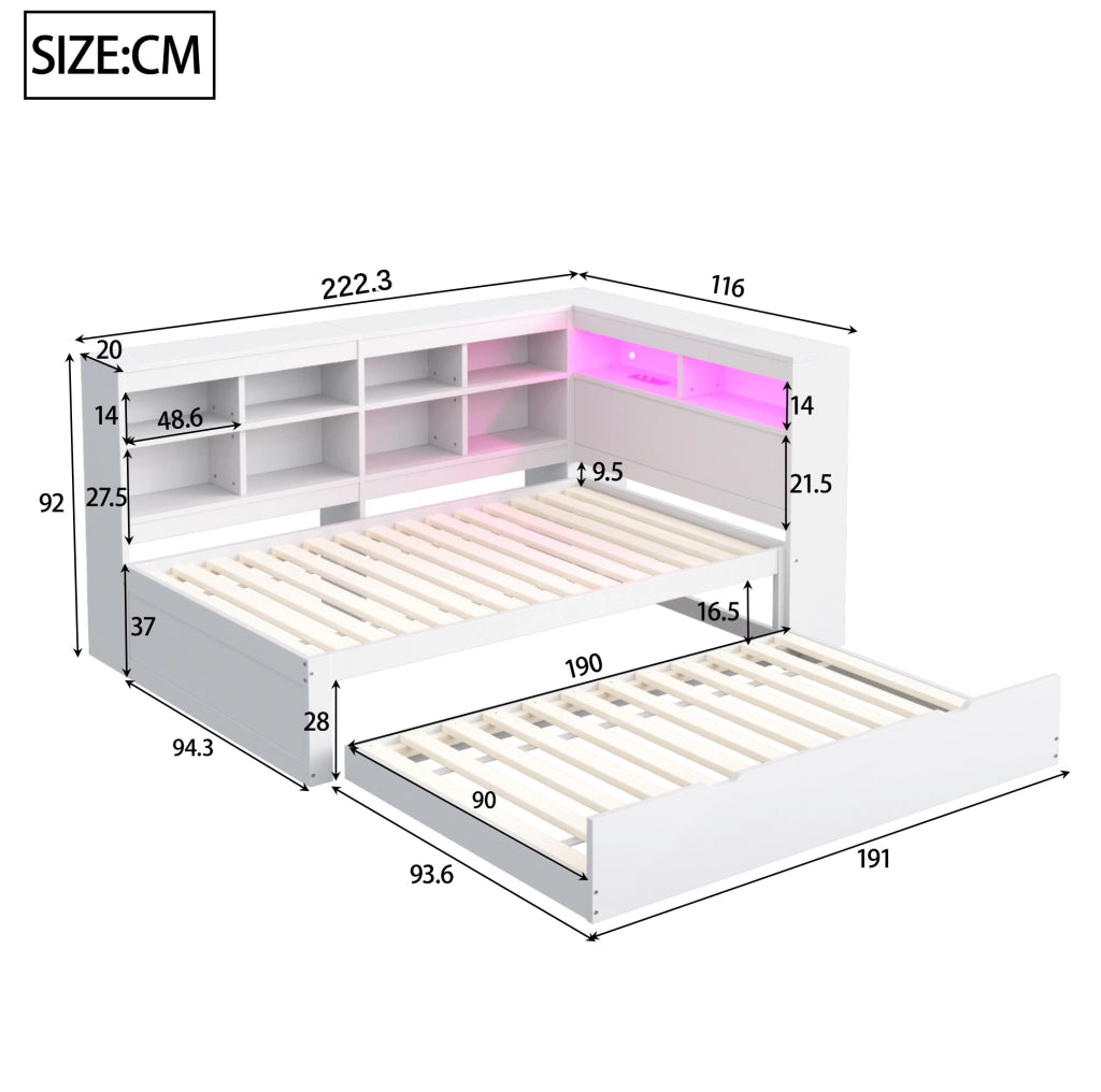 Letto singolo multifunzione 90x200 cm in legno bianco con letto estraibile, USB e LED
