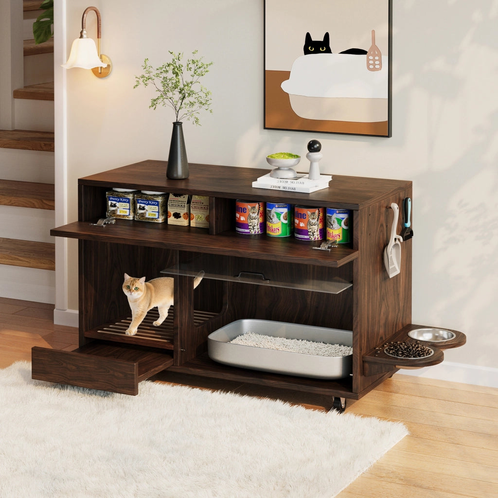 Mobile per lettiera per gatti con sportello in acrilico e cassetti, 100 x 45,5 x 67 cm, colore noce
