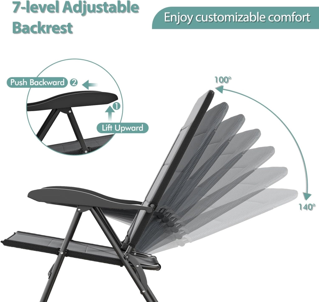 Set di 2 sedie da giardino pieghevoli con schienale regolabile, sedia da esterno, carico di 150 kg, per terrazza, balcone, spiaggia, feste, 52,5 x 71 x 101 cm (grigio)