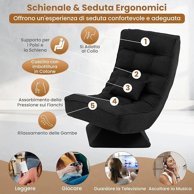 Chaise longue da Pavimento Pieghevole, Sedia da Gioco da Pavimento con Schienale Regolabile in 5 Posizioni, Divano Reclinabile da Interno (Nero)