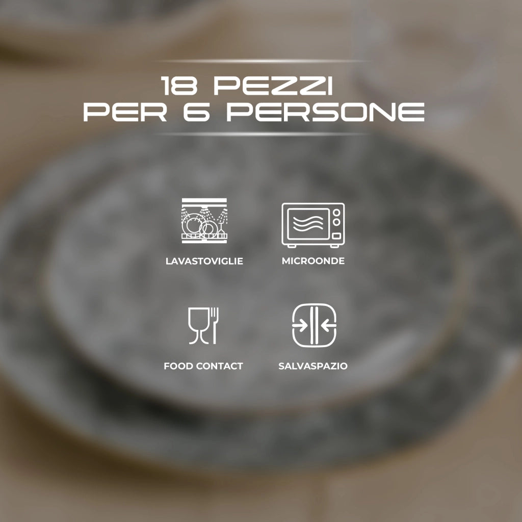 Set Piatti 18 Pezzi in Porcellana per 6 Persone Servizio Tavola Moderno Grigio