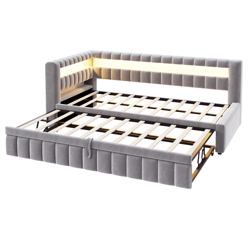 OKWISH Letto a Divano 90×200 cm, Letto Singolo con Letto Estraibile, LED Regolabile, USB, Tipo C e Mensole, senza Materasso, Grigio Chiaro