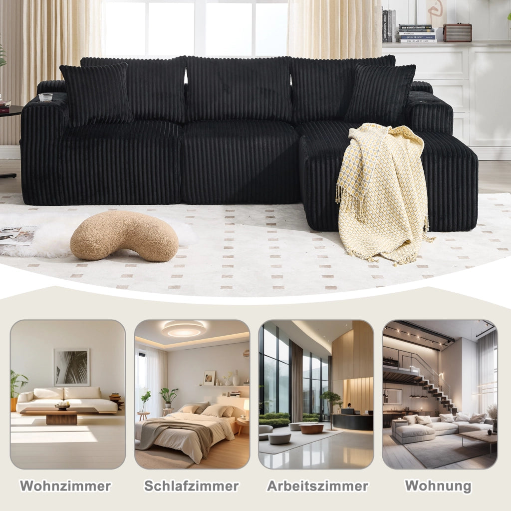 Divano modulare nero in velluto a coste con chaise longue