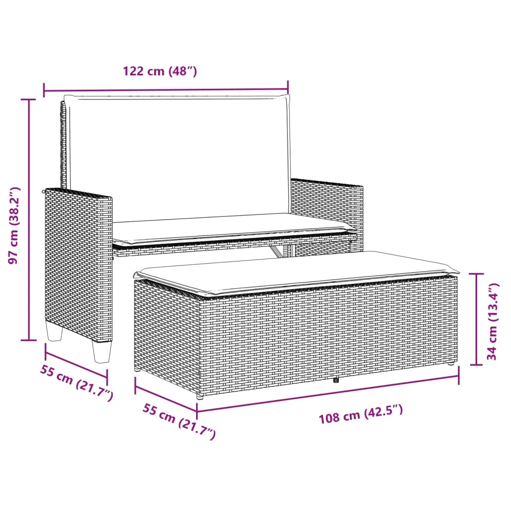 Panca da Giardino con Cuscini e Poggiapiedi-Sgabello-Panca da esterno Beige in Polyrattan 374493