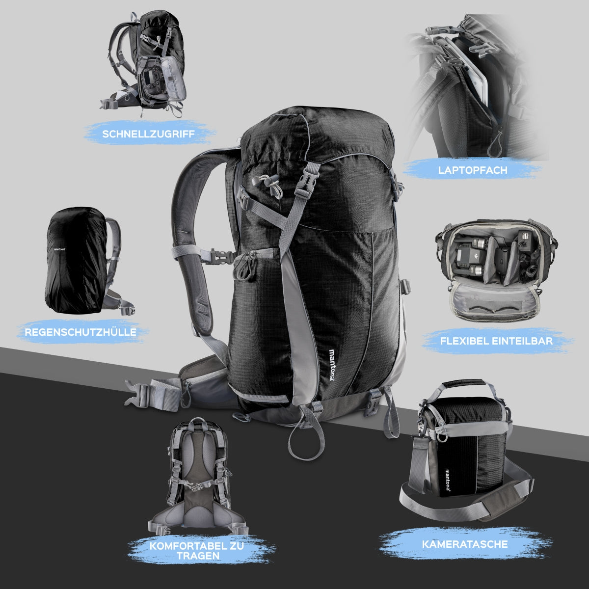 Mantona Elements Outdoor Zaino nero 2in1 per fotocamera e trekking, borsa fotografica con scomparti imbottiti per DSLR, drone, con supporto treppiede e copertura antipioggia