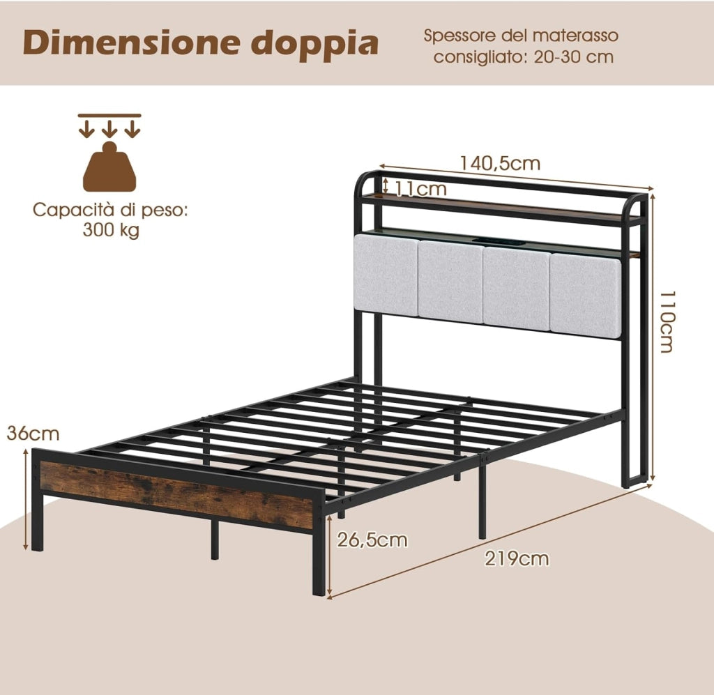 COSTWAt Letto Matrimoniale 220 x 140 cm con Luci LED a Telecomando, Struttura Letto con Stazione d Ricarica, Telaio Letto con Testiera Rivestita in Lino, Capacità di 500 kg, Marrone Rustico