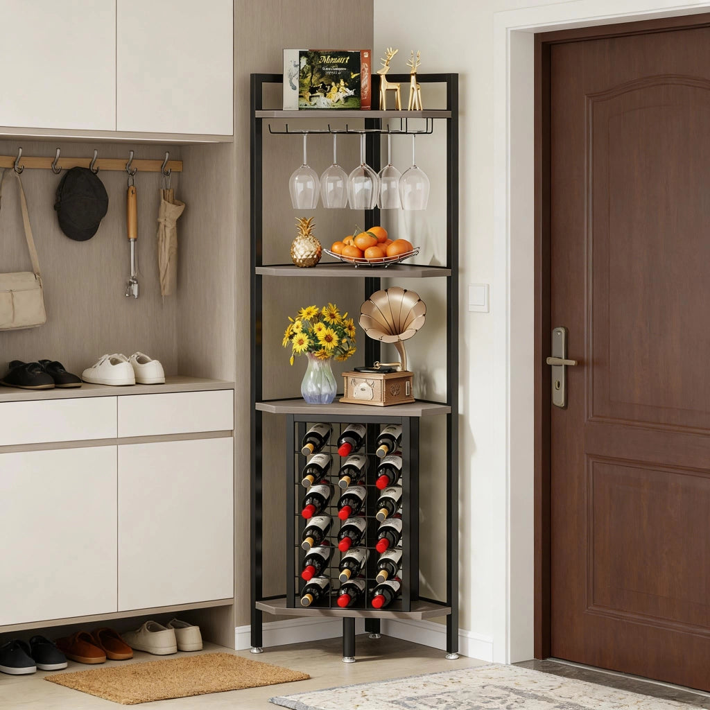 Scaffale angolare portabottiglie freestanding a 4 livelli con portabicchieri, MDF e metallo grigio