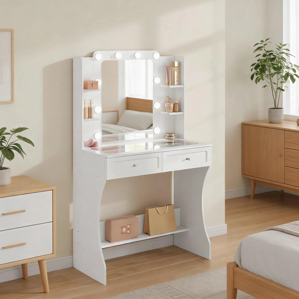 Tavolo da trucco con specchio LED e piano in vetro