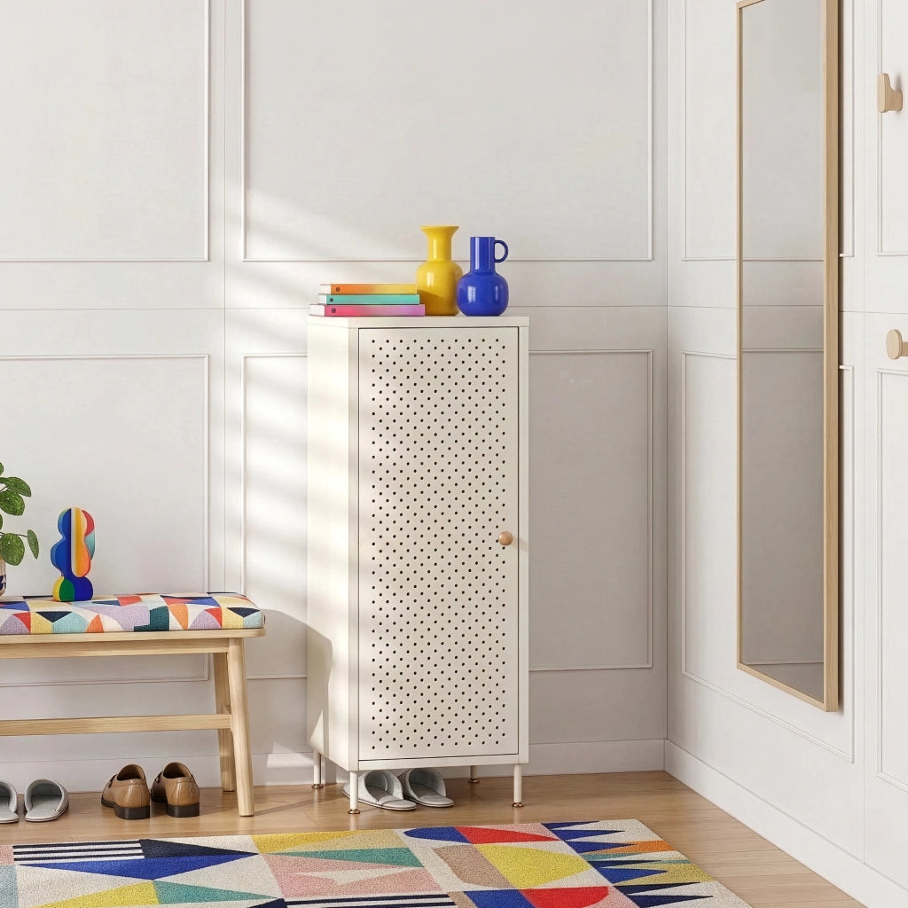 Scarpiera Coleraine con Anta e 3 Ripiani Regolabili 115 x 43 x 35 - Acciaio Bianco Crema [en.casa]