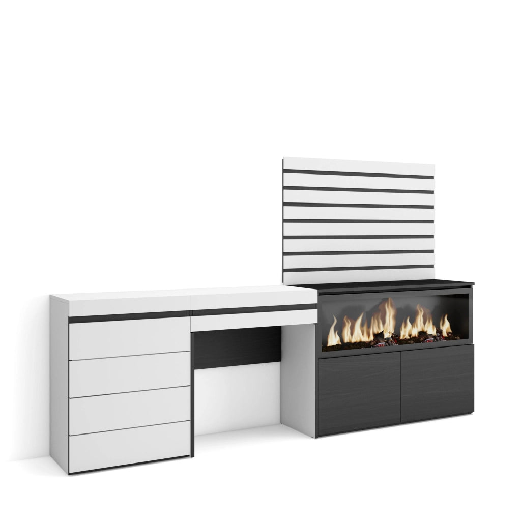 Tavolo da toeletta, 234x35x145cm, Con cassetto, Camino elettrico XXL, Cassettiera, Pannelli Decorativi, Bianco RF3460