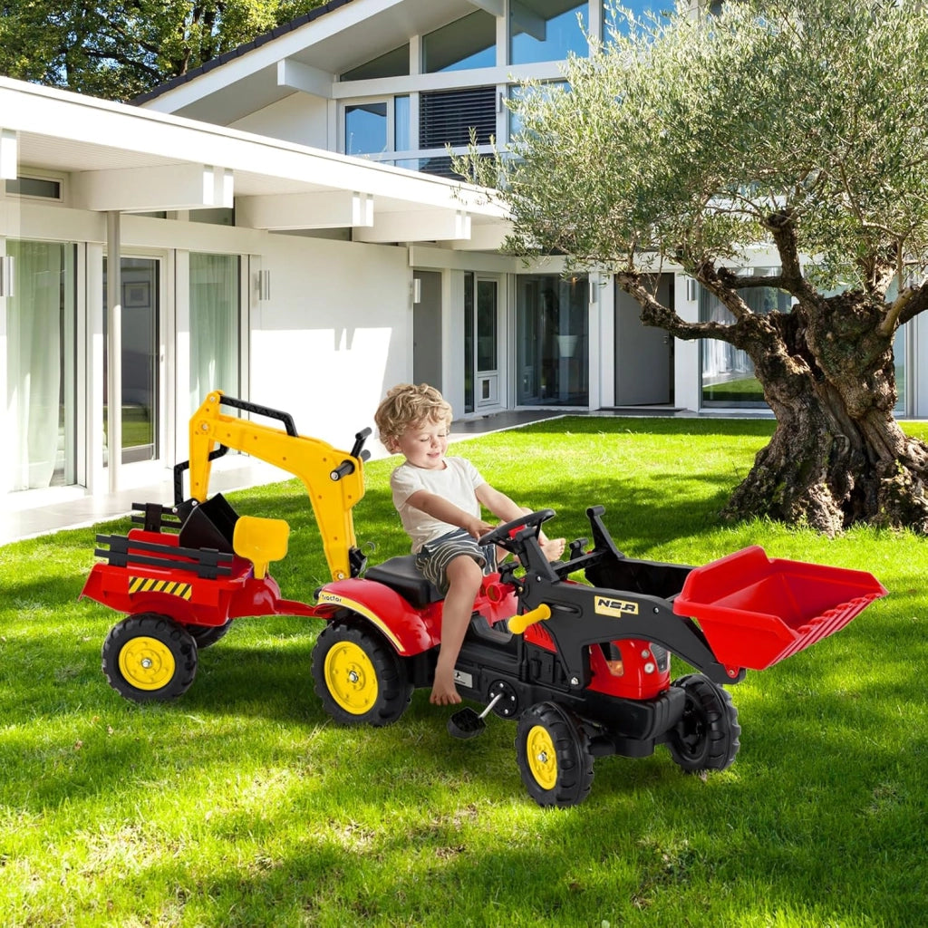 3 in 1 Escavatore per Bambini, Trattore con Rimorchio Staccabile Cavalcabile per Bambini, con 6 Ruote e 2 Benne, per 3-6 Anni (Rosso)