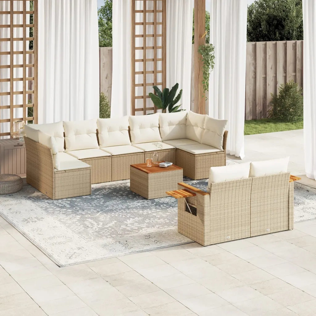 Set Divano da Giardino 10 pz con Cuscini Beige in Polyrattan
