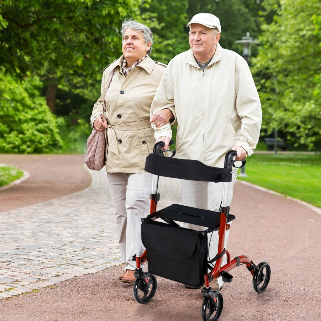 Deambulatore con seduta 2 in 1, Rollator pieghevole con 4 ruote 20cm maniglie regolabili borsa portaoggetti Rosso-Salute e bellezza