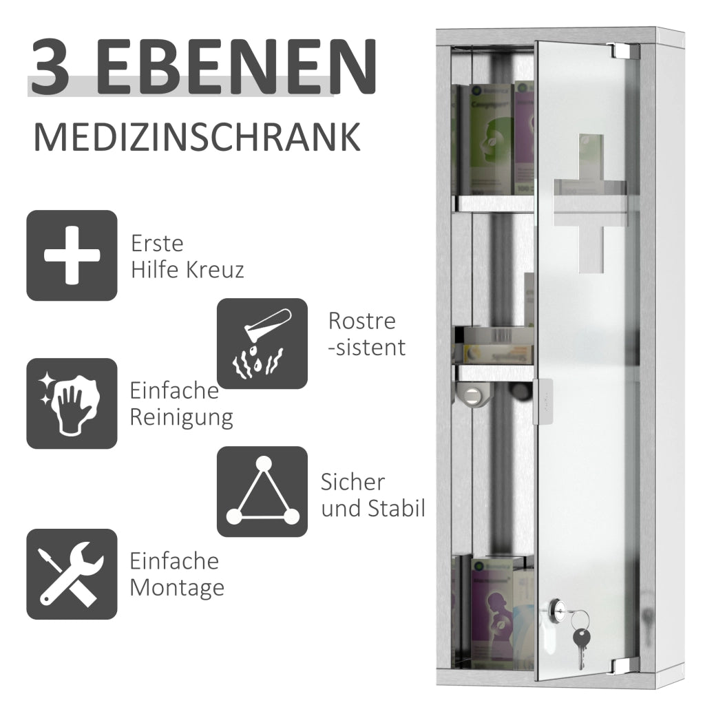 Armadietto medicinali in acciaio inox con ante a vetro temperato ¨C zephmum ¨C 20x12x58 cm, argento