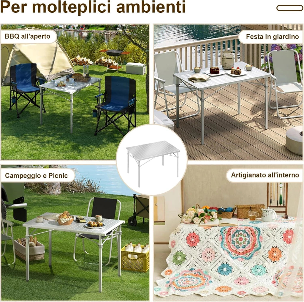 Tavolo Campeggio Pieghevole in Alluminio Tavoli Richiudibili Portatile da Giardino Picnic Buffet Tavolino da balcone, Esterno/Interno, Elevata capacità di carico 104×69×70cm Argento