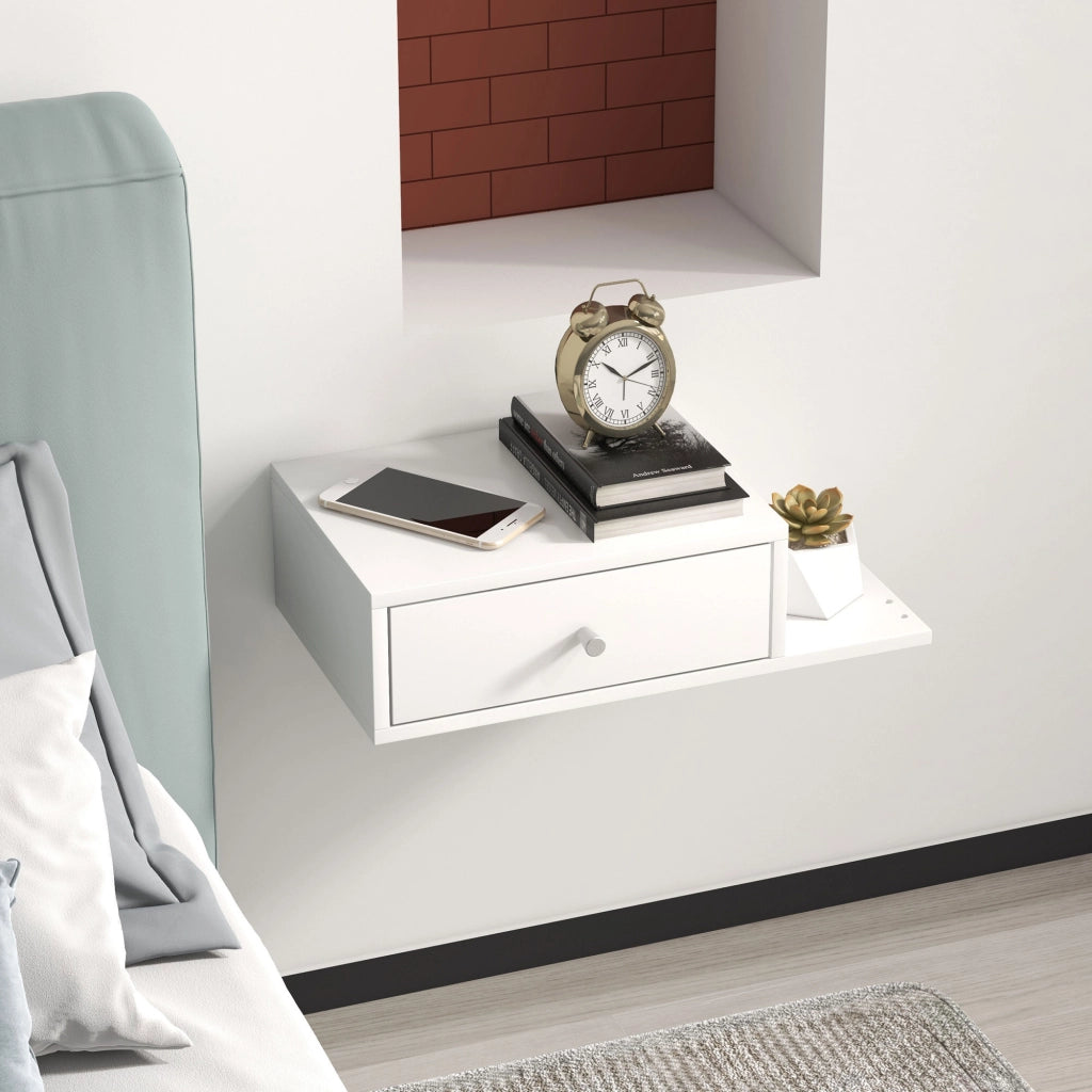 Tavolini da notte a muro ¨C zephmum ¨C 2 pezzi, MDF bianco, 55x30x15 cm