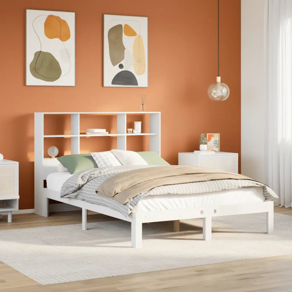 Letto Libreria senza Materasso-Struttura Letto con contenitore Bianco 140x200 cm Legno di Pino 474764