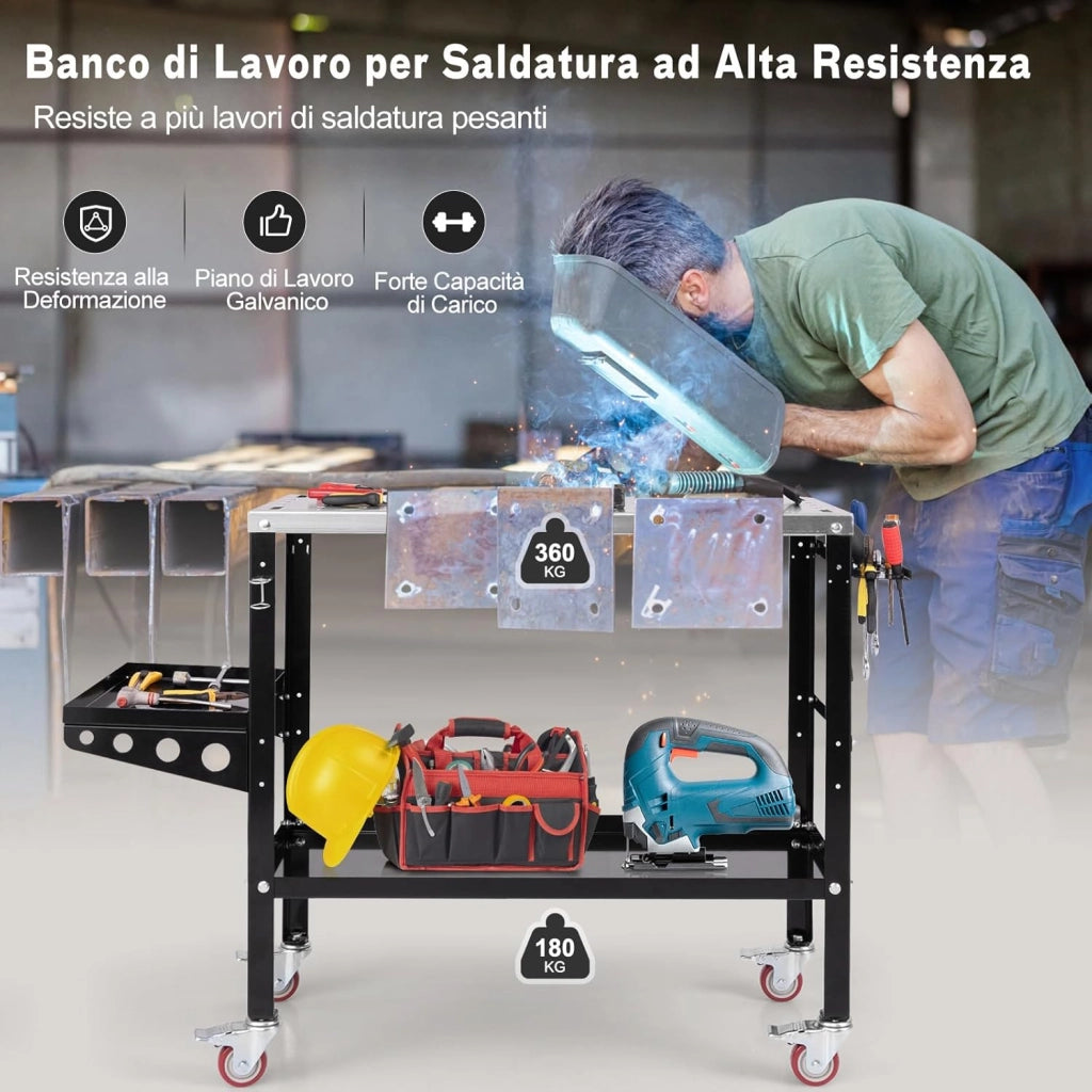 Tavolo da Lavoro, Banco da Lavoro con Supporto per Attrezzi e Vassoio, Fori per Fissaggio, 8 Slot per Attrezzi e Portabocchette per Saldatura, con Ruote, Capacità di Carico 540 KG (Modello 1)