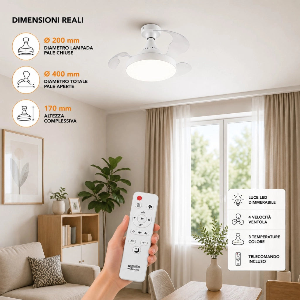 Ventilatore da Soffitto con Luce LED E27 Pale Retrattili Telecomando 4 Velocità e 3 Temperature Colore Dimmerabile
