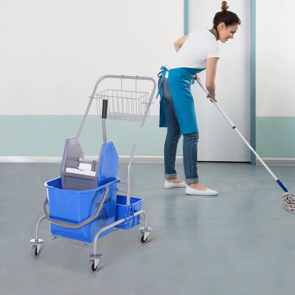 Carrello per le pulizie, secchio con ruote, carrello per mocio da 25 litri con strizzatore, ganci per mocio, carrello domestico a 4 ruote, blu