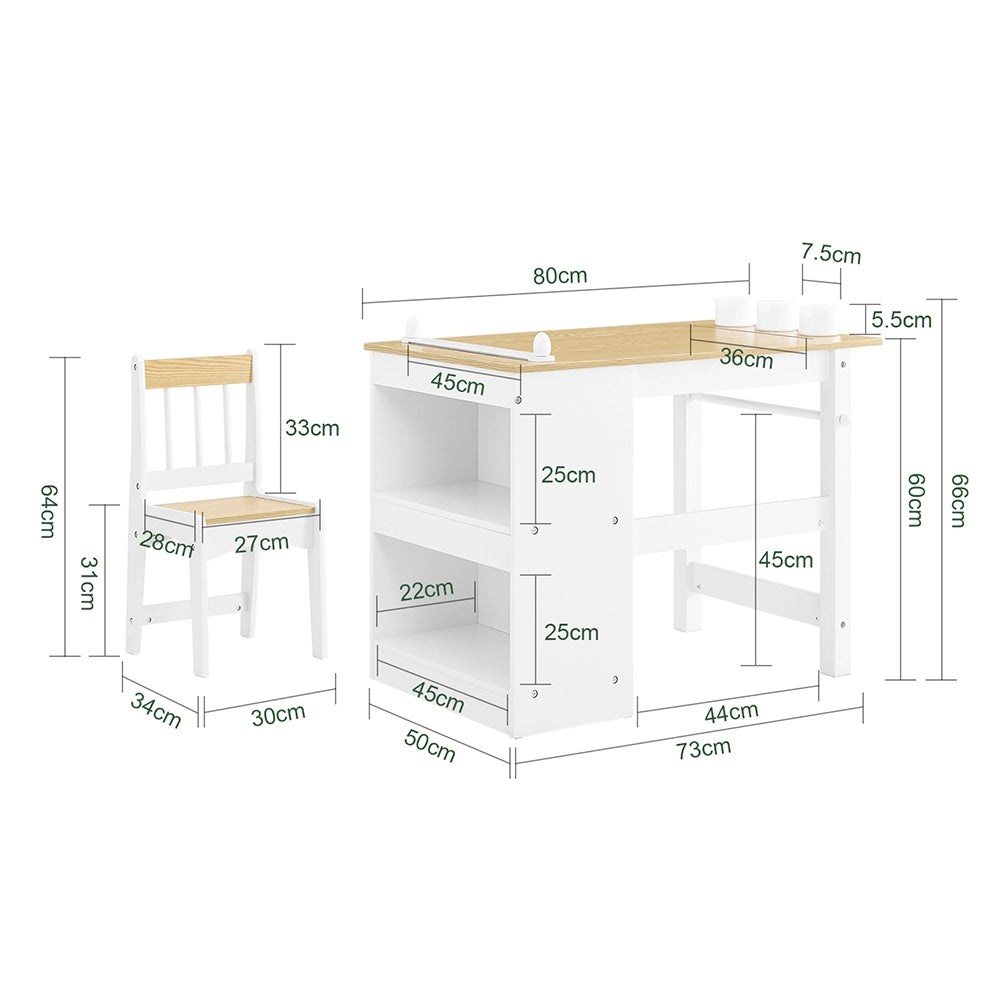 SoBuy Tavolino Bambini con 1 Sedia, Set Tavolo e Sedie per Bambini Multiattività con 2 Ripiani, Tavolo Disegno e Gioco, Sedia Scrivania Cameretta Bianco e Naturale 80x50x66cm KMB60-WN