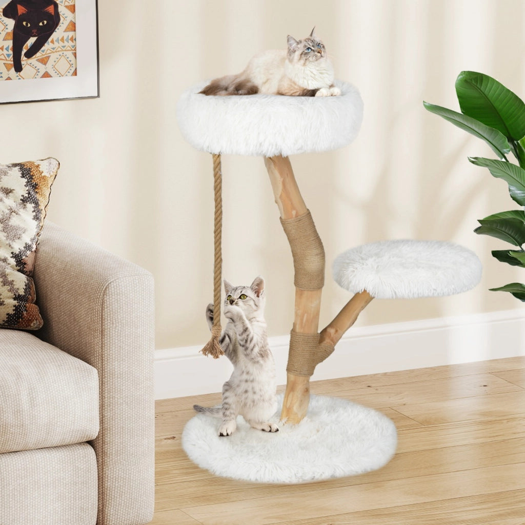 Torre moderna per gatti in legno con piattaforme in iuta naturale-Albero per gatti 92 cm corda in iuta Bianco