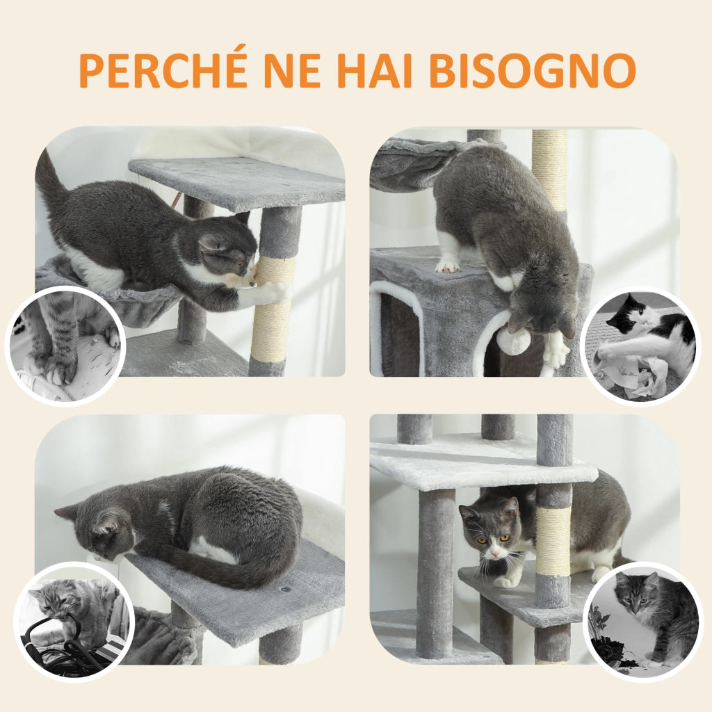 Albero Tiragraffi per Gatti con Casette e Palline ¨C zephmum ¨C Grigio e Bianco 48x40x165 cm