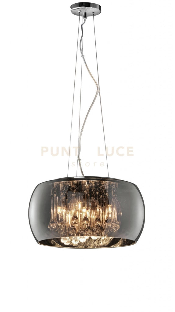 VAPORE SOSPENSIONE VETRO CROMO CON PENDAGLI VETRO DIMMERABILE D. 40CM 5 LUCI ATTCCO G9