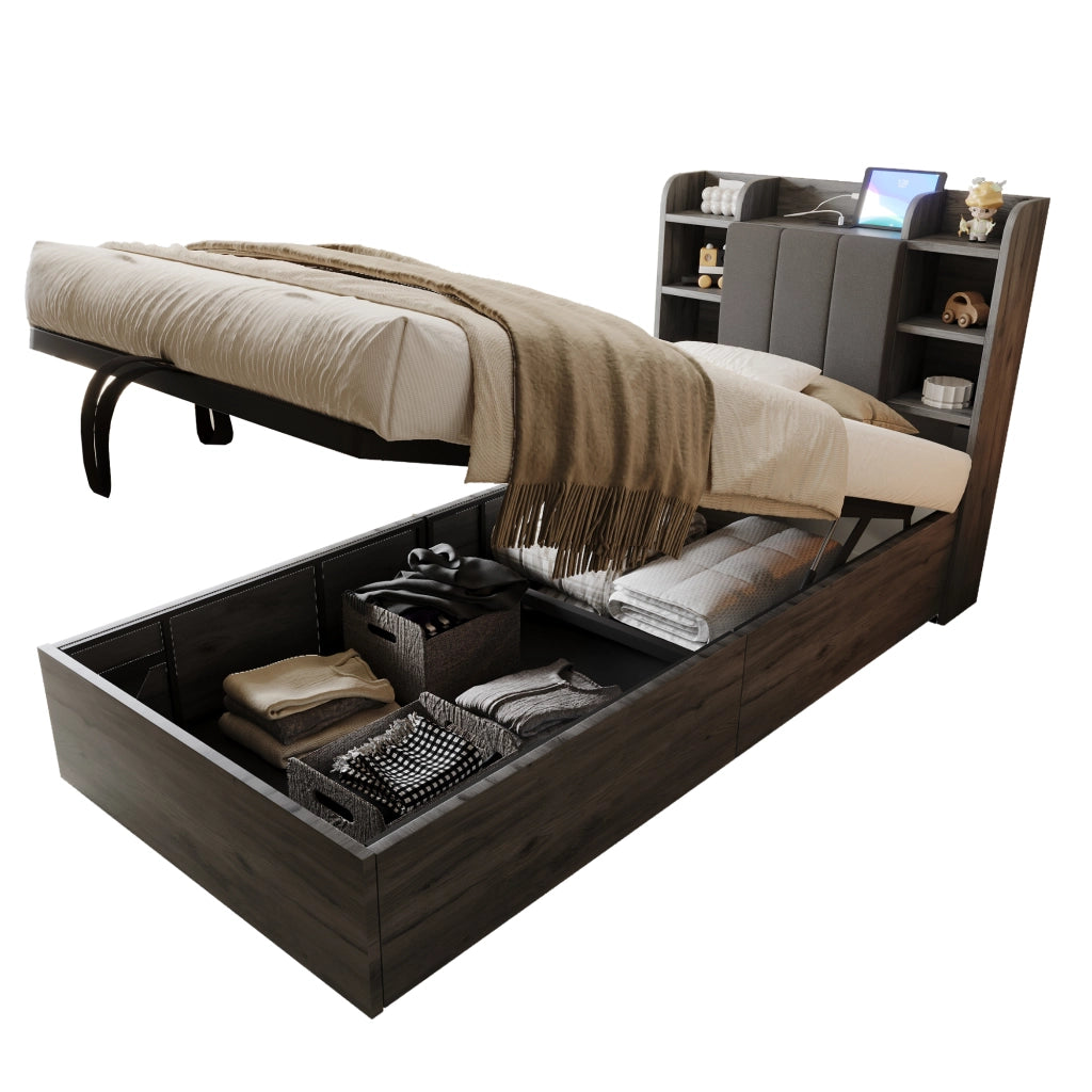 OKWISH Letto contenitore 90×200 cm, Letto Singolo con Contenitore idraulico, USB, Tipo C e Vani, senza Materasso, MDF, Grigio